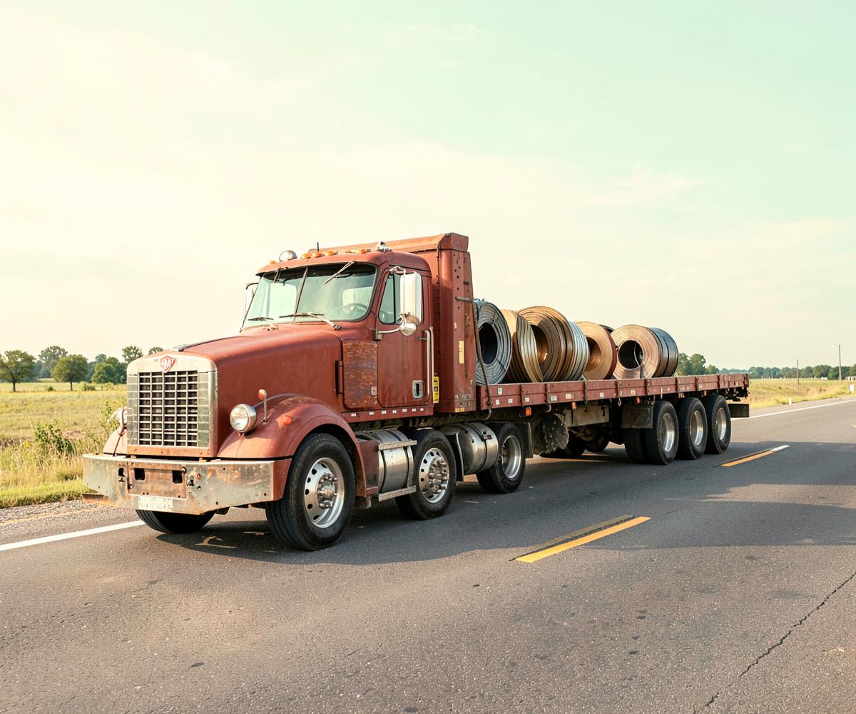 Flatbed trailer loaded and secured for transport
